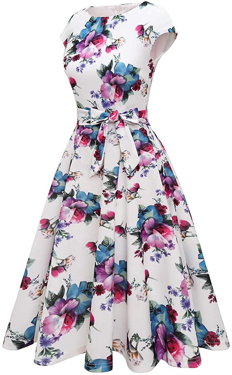 DRESSTELLS Cocktail Womens Floral Dresses for Wedding Guest Semi Formal Spring Summer Easter Modest Church Tea Party Retro Dress Print White Flower L - Image 3